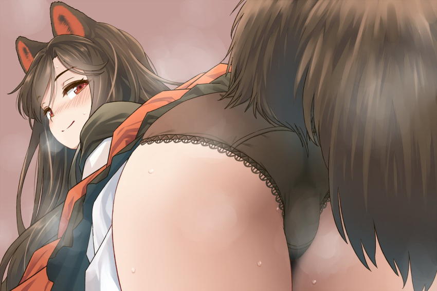 1boy 1girls animal_ears ass black_panties blush brown_background brown_hair closed_mouth cowboy_shot dress female from_behind highres imaizumi_kagerou long_hair looking_at_viewer looking_back panties red_eyes simple_background smile solo tail touhou underwear white_dress wolf_ears wolf_tail yudepii