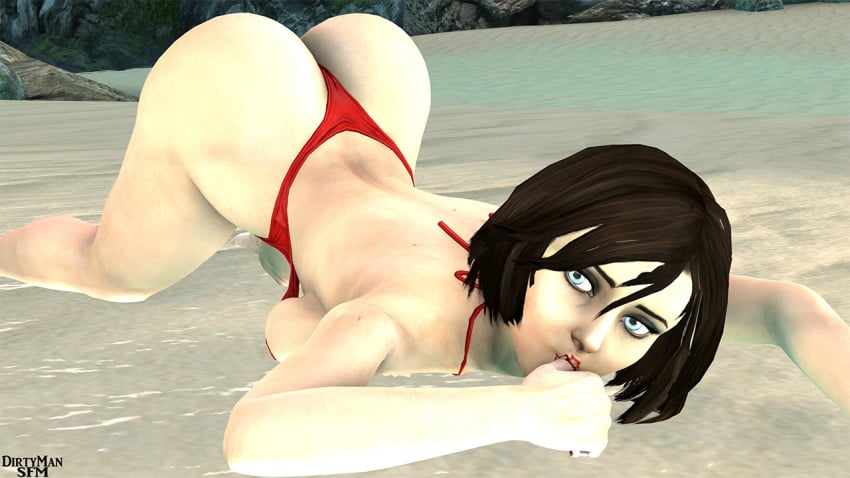 3d ass ass_focus ass_up beach big_ass big_breasts bikini bioshock bioshock_infinite blue_eyes bubble_butt busty cute dirtymansfm elizabeth_comstock female female_focus female_only hourglass_figure in_water looking_at_viewer makeup on_bottom on_the_floor pale-skinned_female pale_skin red_bikini sfm shore short_hair sling_bikini slingshot_swimsuit source_filmmaker sucking_thumb thick_ass thick_thighs thong thong_bikini tiny_waist water wide_hips