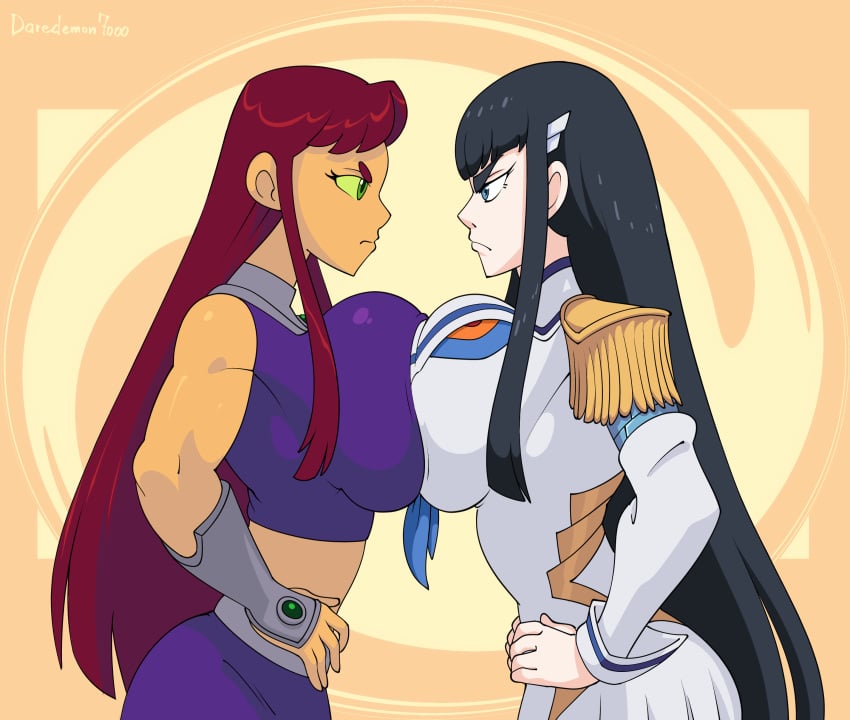 2girls alien alien_girl bangs big_breasts big_eyebrows blue_eyes breast_docking breast_press breasts cartoon_network crop_top daredemon7000 dark_hair dc dc_comics docking females females_only green_eyes huge_breasts junketsu kill_la_kill kiryuuin_satsuki koriand'r large_breasts light-skinned_female light_skin long_hair mcdraws orange_skin red_hair skirt starfire symmetrical_docking teen_titans top_heavy uniform wide_hips