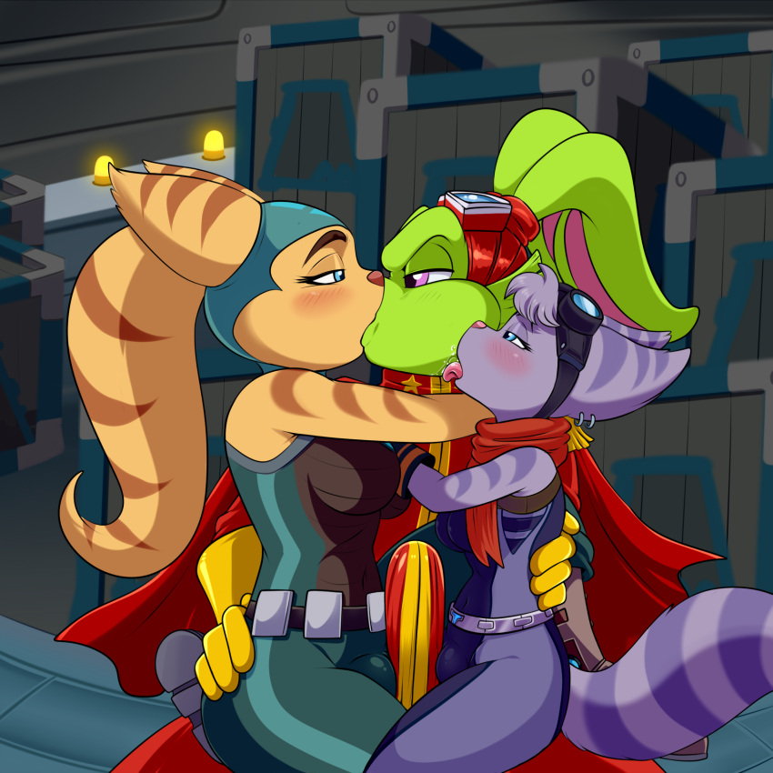 1boy 2girls angela_cross_(ratchet_and_clank) anthro breasts bucky_o'hare bucky_o'hare_(series) cameltoe crossover deep_kissing double_pussyjob erection face_lick female french_kiss furry hand_on_butt hand_on_hip hare hi_res kissing lagomorph leporid licking lombax_(ratchet_and_clank) lonbluewolf male male/female mammal netorare pussy_rubbing ratchet_and_clank rivet_(ratchet_and_clank) sony_corporation sony_interactive_entertainment straight tongue tongue_out