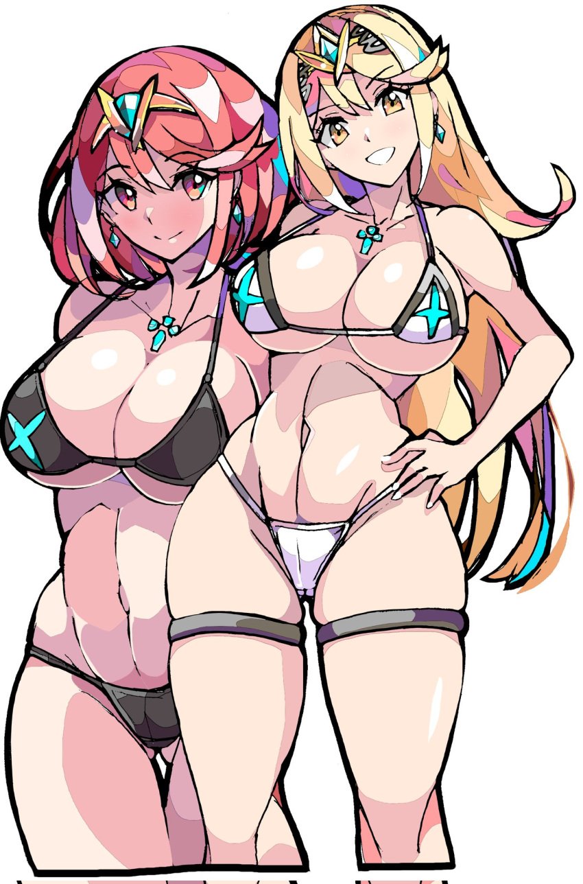 2girls bikini blonde_hair breasts core_crystal enpe female gold_eyes hips huge_breasts light-skinned_female light_skin long_hair mythra mythra_(xenoblade) naughty_face nintendo pyra pyra_(xenoblade) red_eyes red_hair simple_background smile thick_thighs thighs wide_hips xenoblade_(series) xenoblade_chronicles_2