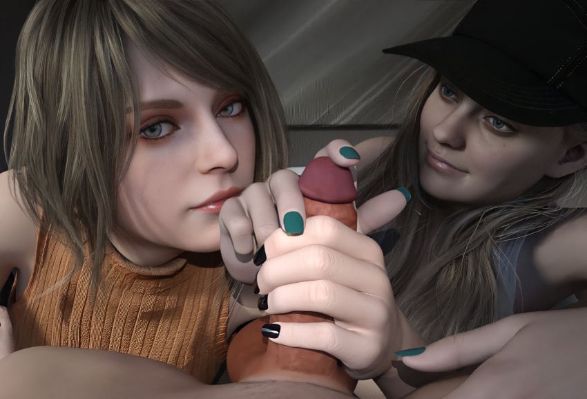 2girls 2girls1boy 3d ashley_graham ashley_graham_(ella_freya) black_nail_polish blue_nail_polish double_handjob green_eyes green_nail_polish handjob light-skinned_female looking_at_viewer painted_nails partial_male pov resident_evil resident_evil_4 resident_evil_4_remake resident_evil_8:_village rosemary_winters shaohuu teasing