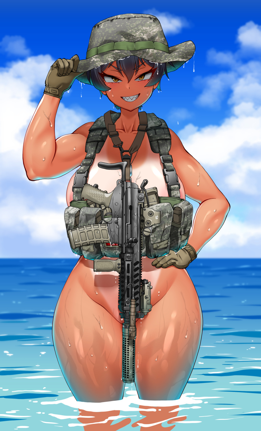 1girls assault_rifle big_breasts black_hair blue_sky body_armor boonie_hat breasts brown_eyes convenient_censoring gloves gun high_resolution highres hitch_(hitch_driessen/perotoss400/kirochef) large_breasts looking_at_viewer military ocean one_piece_tan original original_character outdoors rifle rokmc_chan sharp_teeth short_hair sky smile smiling_at_viewer solo_female tactical_gear tactical_nudity tan tanlines tomboy weapon wet