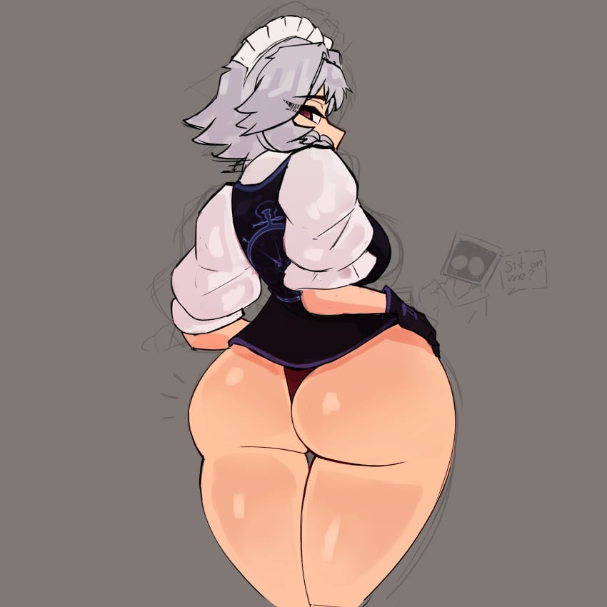 1girls ass big_ass big_butt bubble_butt crowsdome dat_ass female human maid_headdress maid_uniform no_pants panties sakuya_izayoi short_hair thick_ass thick_thighs touhou