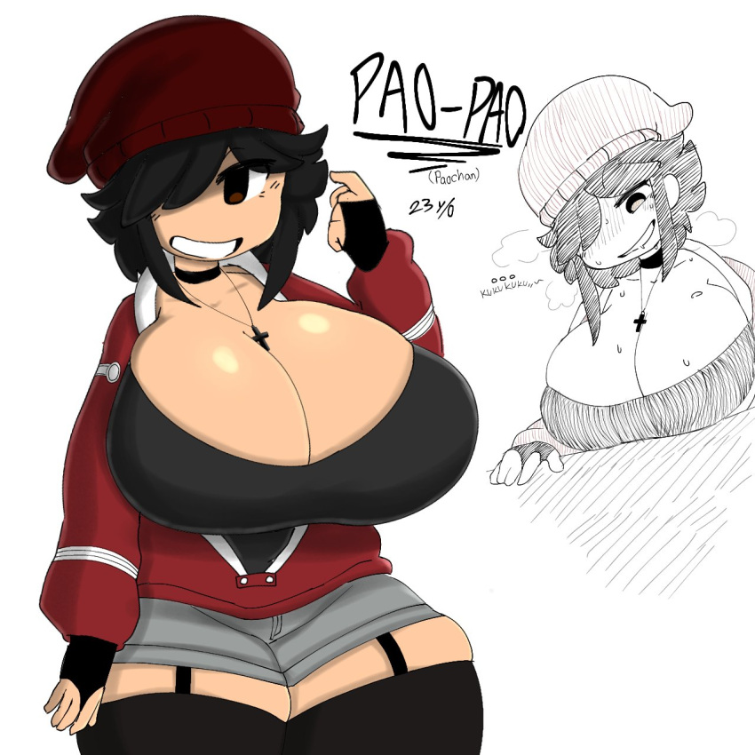 beanie big_breasts black_hair black_shirt black_thighhighs gray_shorts huge_breasts minishorts mochikirb oc original_character red_jacket thick_thighs thunder_thighs