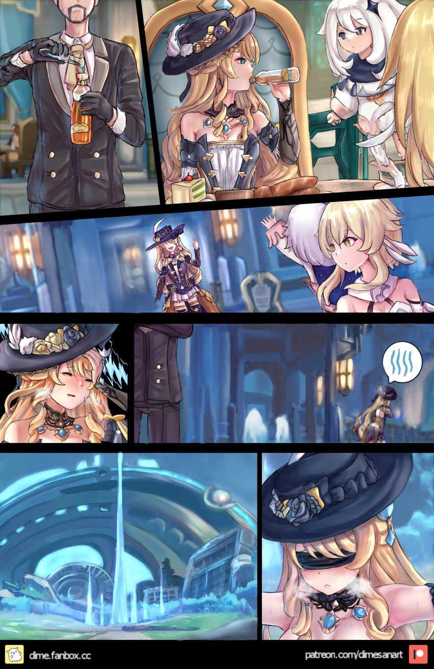 blindfold blonde_hair captured comic defeated dime-san drugged genshin_impact imminent_death imminent_rape lumine_(genshin_impact) navia_(genshin_impact) paimon_(genshin_impact) story