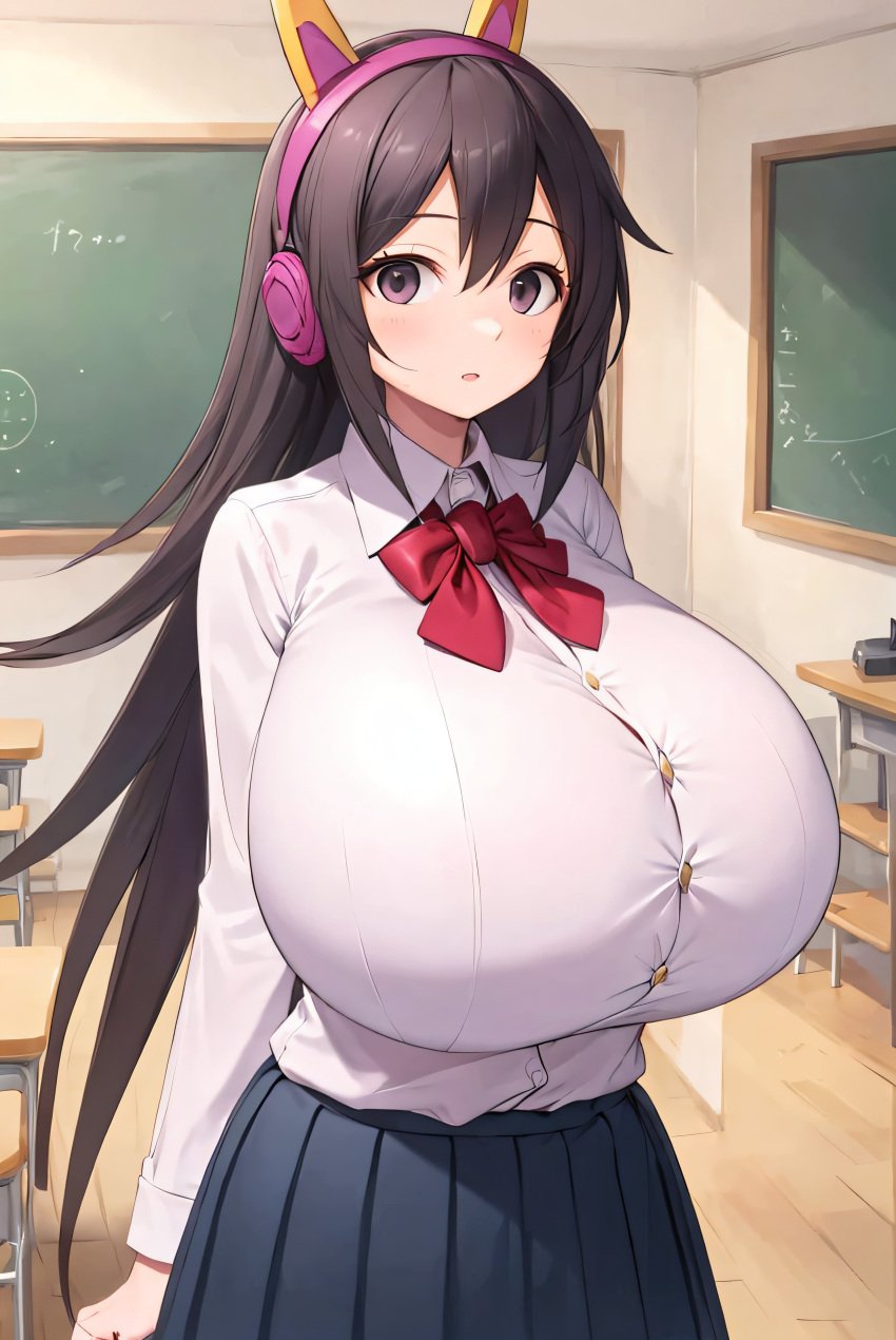 1girls ai_generated arms_at_sides barely_contained black_hair blush bow breasts_bigger_than_head chalkboard classroom curious desk headphones hi_res horn huge_breasts long_hair purple_eyes school_uniform schoolgirl skirt teenager the_battle_cats thundia