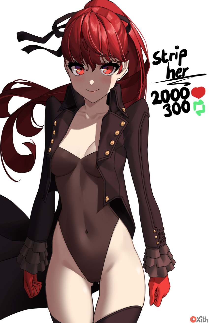 1girls atlus breasts bunnysuit cleavage clothing female female_only human kasumi_yoshizawa leotard light-skinned light-skinned_female pale_skin persona persona_5 persona_5_royal phantom_thief_suit red_eyes red_hair solo solo_female strip_game sumire_yoshizawa tagme white_background x_xith_x