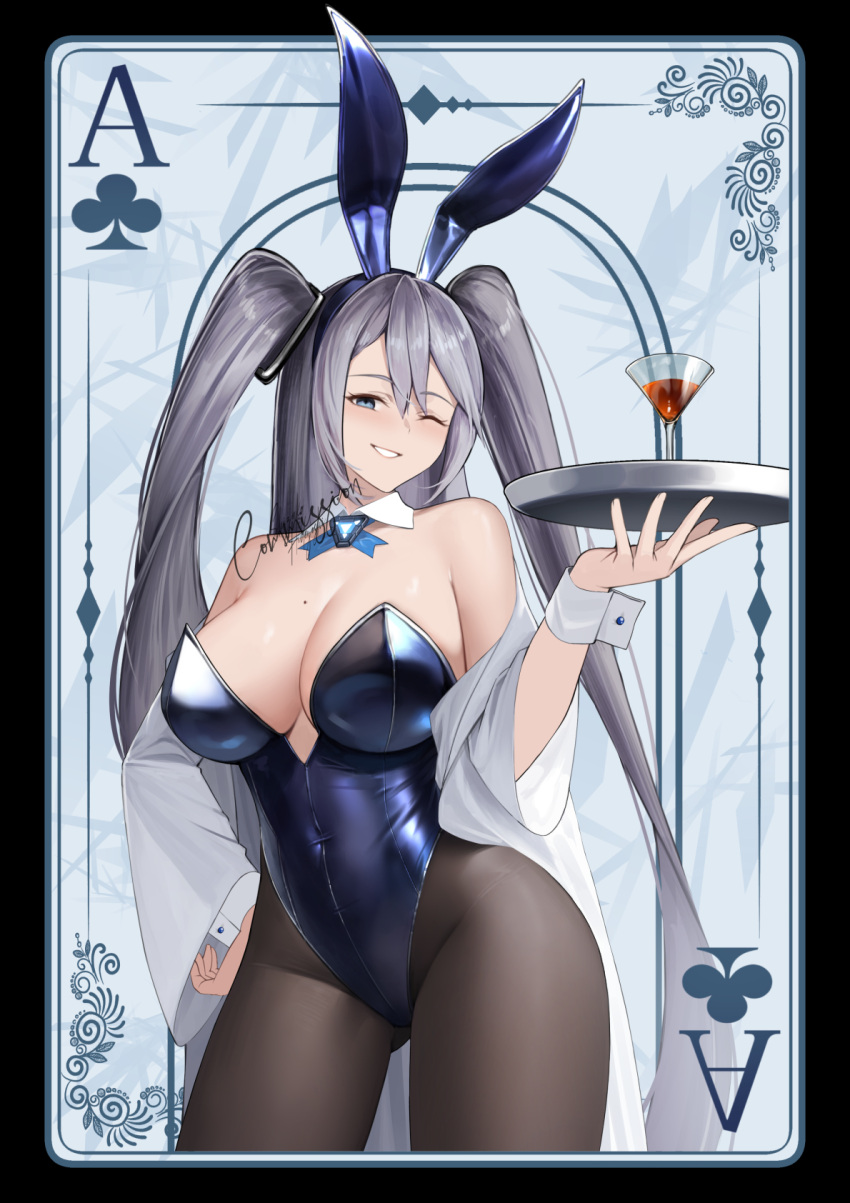 1girls alcohol azur_lane bangs bare_shoulders blue_eyes blush bunny_ears bunnysuit card cleavage coat_on_shoulders detached_collar detached_sleeves drinking_glass eagle_union_(azur_lane) female female_only grey_hair hand_on_hip holding_object intrepid_(azur_lane) large_breasts light-skinned_female light_skin looking_at_viewer mole_on_breast playboy_bunny revealing_clothes shizuko_hideyoshi sidelocks strapless_leotard thighs tray two_side_up winking_at_viewer