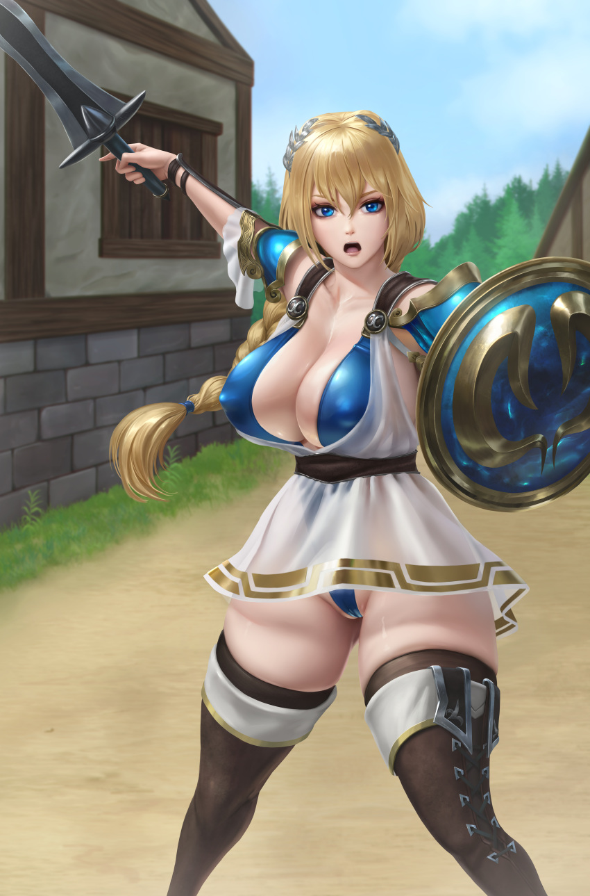 1girls abs absurd_res absurdres bandai_namco blonde_hair blue_eyes blue_leotard boots braid braided_ponytail breasts cameltoe center_opening cleavage covered_nipples dress erect_nipples erect_nipples_under_clothes female hi_res high_resolution highres holding holding_shield holding_sword holding_weapon huge_breasts leotard limgae long_hair microdress milf muscular muscular_female navel nipples open_mouth outside ponytail see-through see-through_dress shield sophitia_alexandra soul_calibur sword thigh_boots tied_hair very_high_resolution weapon