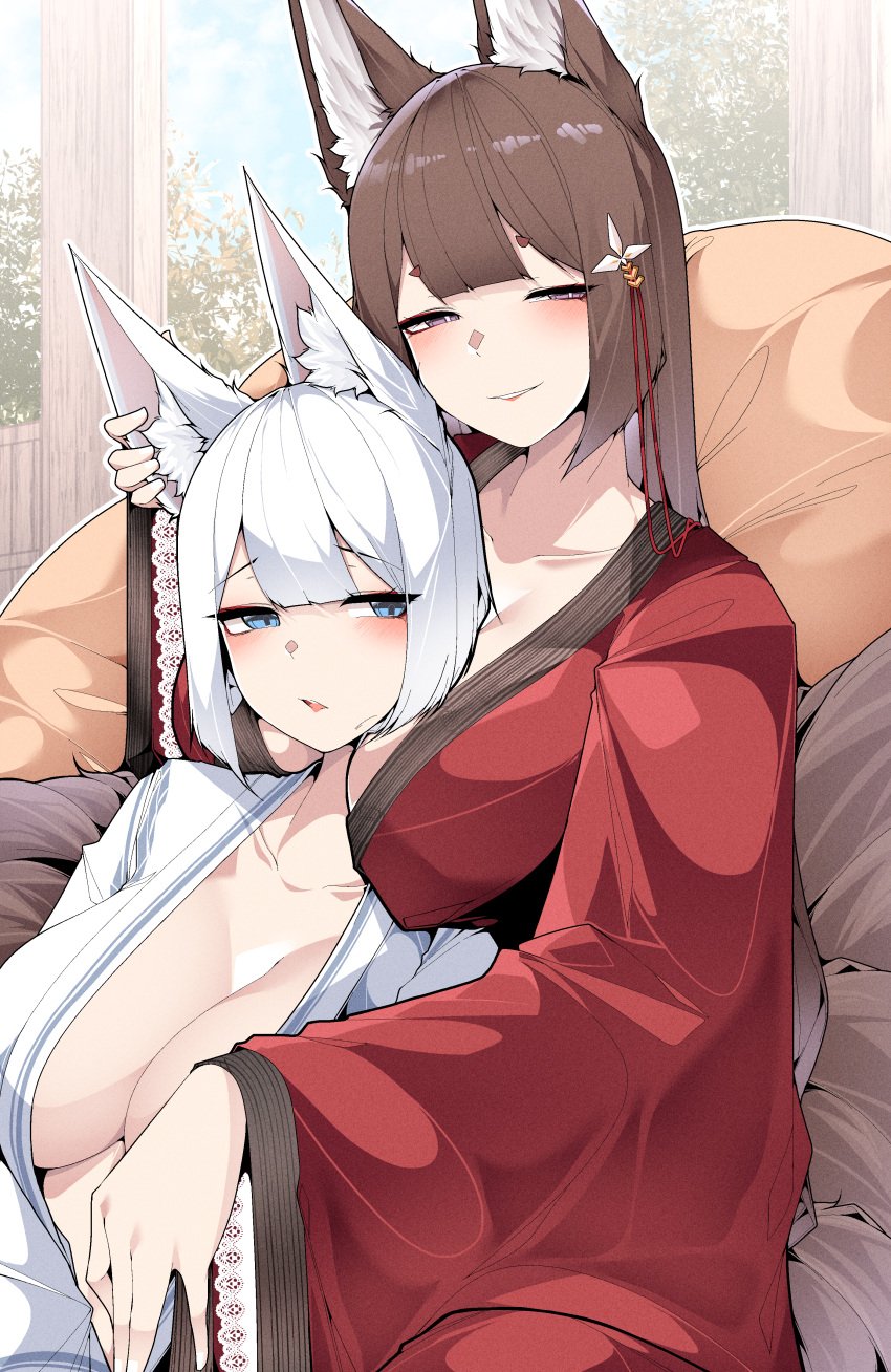 2girls absurdres amagi_(azur_lane) animal_ears azur_lane blue_eyes blush bob_cut breast_rest breasts breasts_on_head brown_hair cleavage day eyeshadow fox_ears fox_girl fox_tail grin hair_between_eyes hair_ornament half-closed_eyes hand_on_another's_chest hand_up head_on_chest highres indoors japanese_clothes kaga_(azur_lane) kimono kitsune large_breasts leaning_on_person light-skinned_female light_skin long_hair looking_at_viewer makeup medium_hair multiple_girls multiple_tails no_bra purple_eyes red_eyeshadow red_kimono rubbing_ears sakura_empire_(azur_lane) samip smile tail undressing very_long_hair white_hair white_kimono wide_sleeves yuri