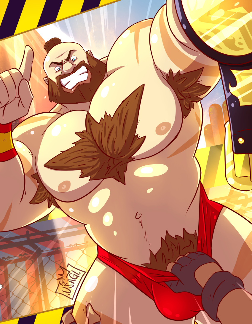 armpit_hair balls bara beard belt bulge capcom championship_belt chest_hair facial_hair male male_only muscles muscular penis pulling_clothing scars scars_all_over street_fighter usagi_(artist) wrestling_belt zangief