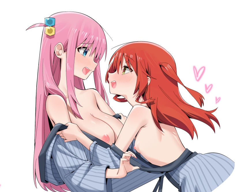 2girls absurdres blue_eyes blush bocchi_the_rock! breasts chen_yang_yang cube_hair_ornament eye_contact female female_only gotou_hitori hair_ornament heart heart-shaped_pupils highres kita_ikuyo large_breasts long_hair looking_at_another multiple_girls nipples open_mouth pink_hair red_hair sideways_mouth simple_background small_breasts symbol-shaped_pupils teeth upper_body upper_teeth_only white_background yellow_eyes you_gonna_get_raped yuri