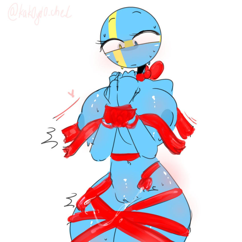 alternate_version_available big_breasts bodily_fluids bondage boobs countryhumans countryhumans_girl exposed_breasts exposed_nipples exposed_pussy kak0yt0_chel naked_female nervous_face pussy_juice ribbons sweat sweatdrop sweating sweden_(countryhumans) thick_thighs vagina wardrobe_malfunction wet_pussy