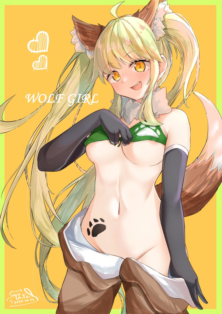 1girls accidental_exposure blush fat_thighs furry green_hair heart hi_res lifting_bra long_gloves long_hair medium_breasts nipple_bulge nipple_slip pawprint streamer teasing the_battle_cats thumb_in_waistband twintails wolf_ears wolf_girl wolf_princess_deale wolf_tail yellow_eyes