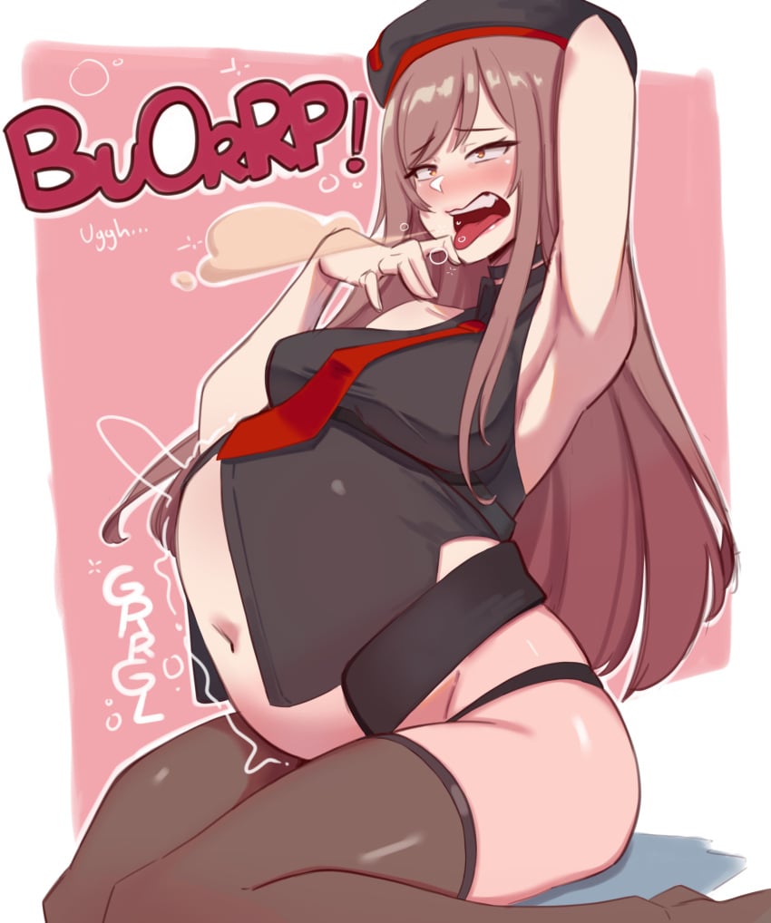 1girls 2023 art_raffle belly_bulge big_belly blush brown_hair burp_cloud burping choker color elpacha2 english_text goddess_of_victory:_nikke hat huge_belly huge_breasts long_hair motion_lines rapi_(nikke) rumbling_stomach simple_background thick_thighs thighhighs tie tongue_out wardrobe_malfunction