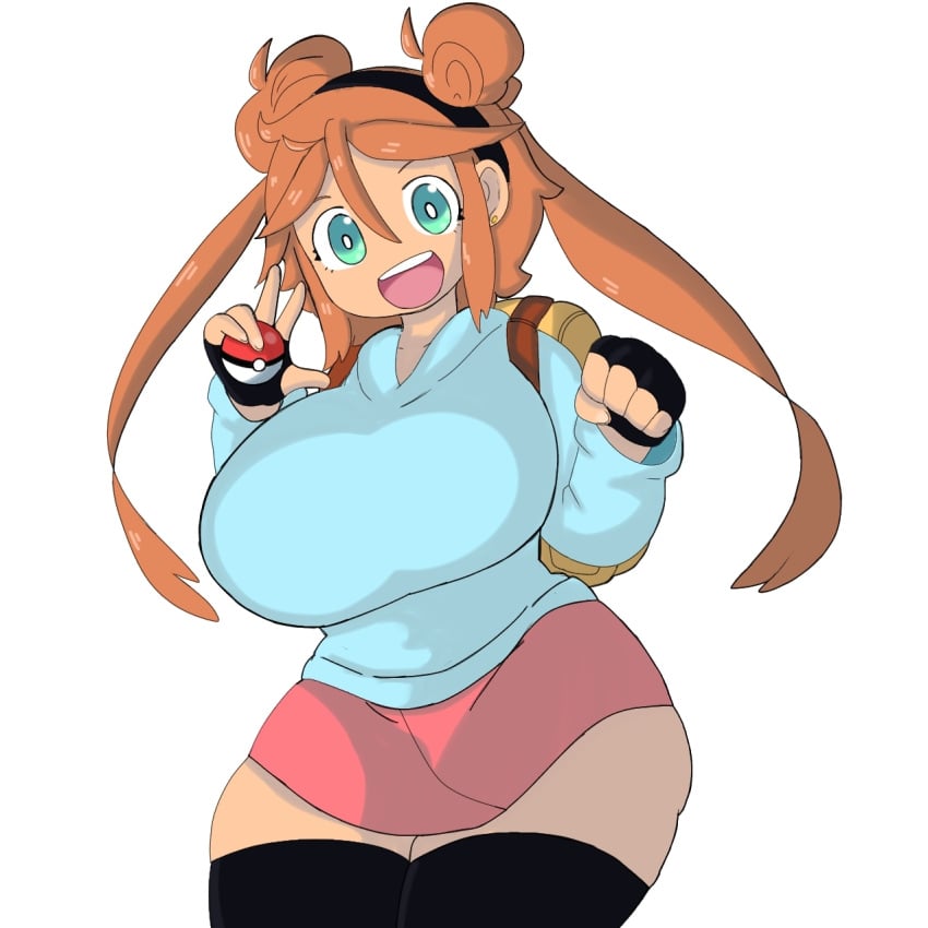 backpack big blue breasts brown hair hoodie huge mochikirb pink pokemon skirt thick thighs thunder trainer twintails yellow