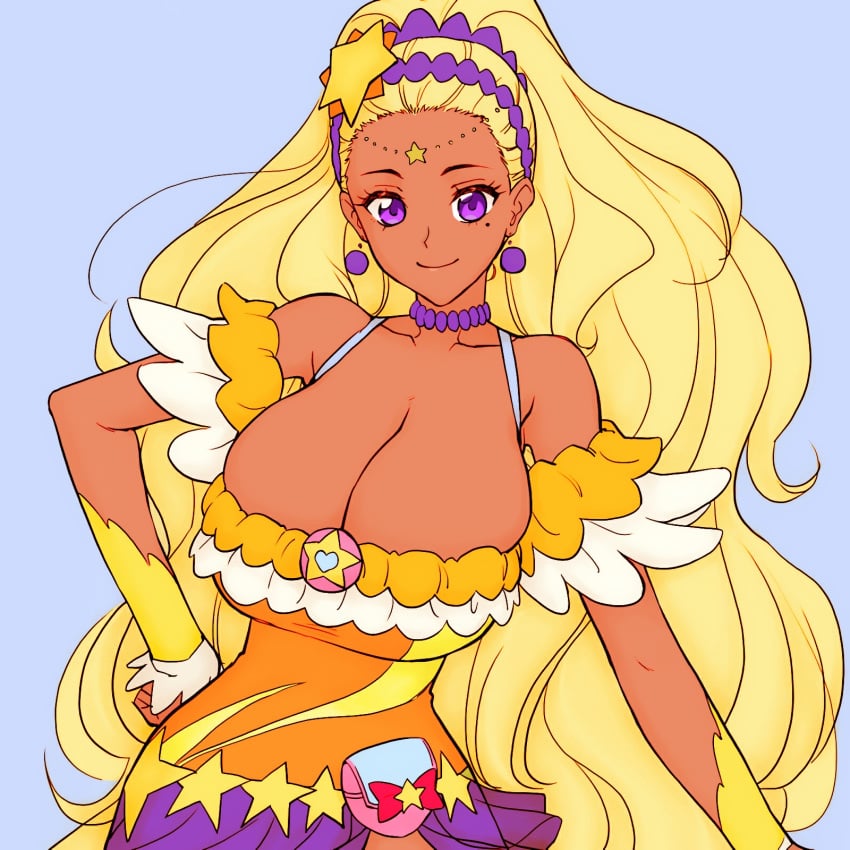 amamiya_elena big_breasts blonde_hair clothed clothing colored cure_soleil dark-skinned_female dark_skin dress gyaru huge_breasts large_breasts long_hair magaki_ryouta mole mole_under_eye precure pretty_cure purple_eyes smile smiling smiling_at_viewer star_twinkle_precure