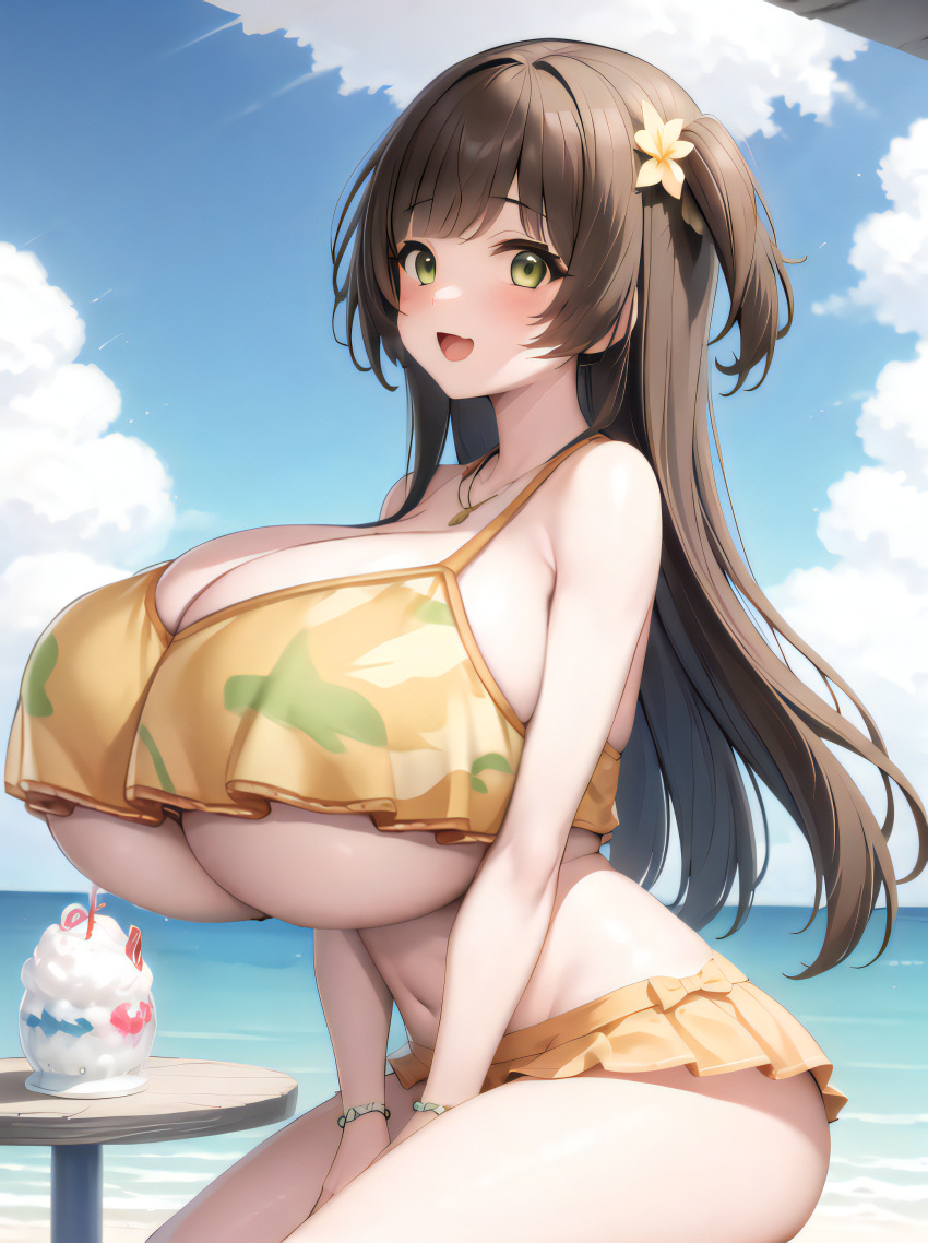 1girls ai_generated beach bikini bikini_skirt blush breasts_bigger_than_head brown_hair bulging_breasts fat_thighs flower_in_hair green_eyes hand_between_legs hi_res huge_breasts kyosaka_nanaho long_hair necklace shell sitting smile sundae table the_battle_cats underboob