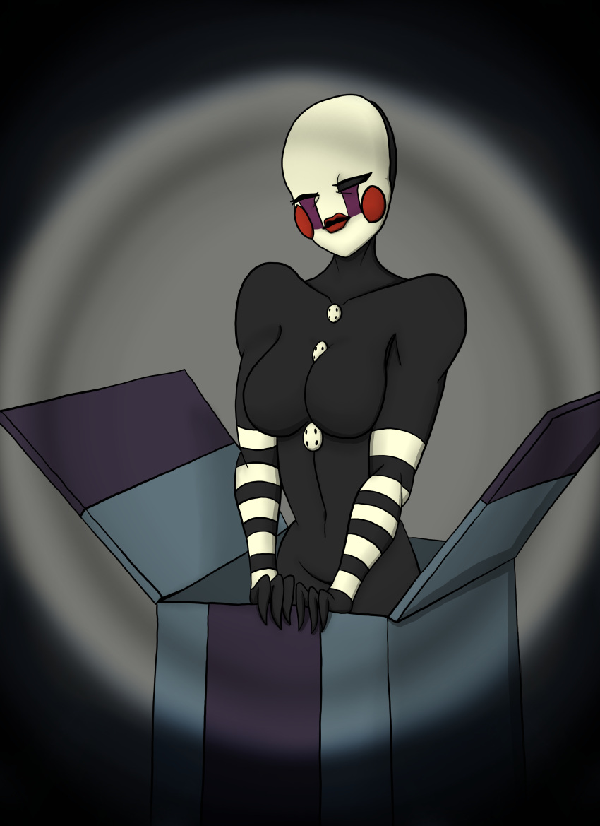 breasts breasts_out buttons classic_fnaf_2_marionette classic_fnaf_2_puppet darkslagg2 female five_nights_at_freddy's five_nights_at_freddy's_2 fnaf makeup marionette_(fnaf) original_fnaf_2_marionette original_fnaf_2_puppet present_box puppet_(fnaf) purple_tears red_lipstick rosy_cheeks scottgames stripes thin_female thin_waist waist white_mask