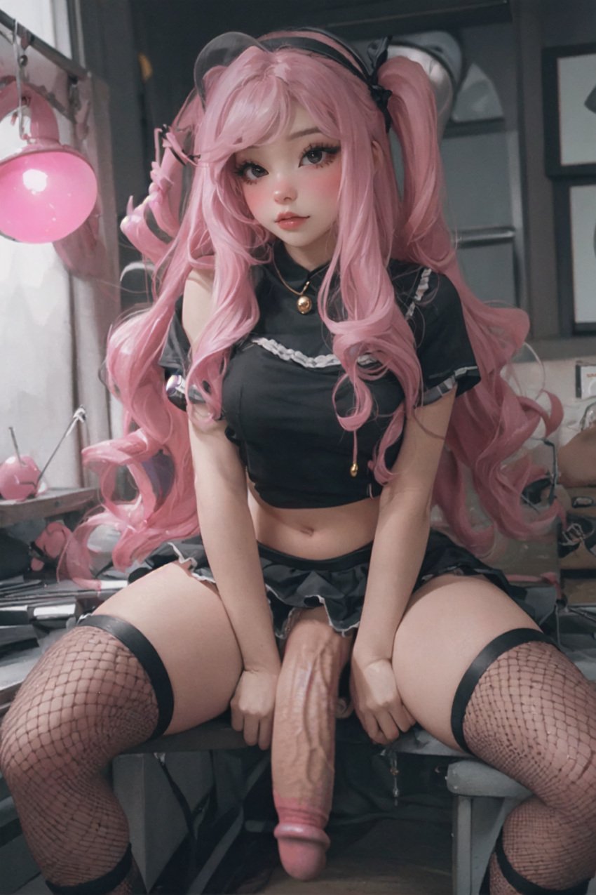 1futa ai_generated bell belle_delphine belly_button big_cock big_dick big_penis black_shirt blush bottomless_futanari breasts cock crop_top curly_hair detailed_background dick exposed_penis eyelashes fishnet_stockings fishnets futa_focus futa_only futanari glans hair_ribbon hands_between_legs high_resolution highres huge_cock hung_futanari legs_apart legs_spread light-skinned_futanari long_hair long_penis looking_at_viewer mascara medium_breasts midriff navel necklace partially_clothed penis pink_hair pink_tip pixai presenting_penis real_person realistic semi-erect short_sleeves sitting skirt solo solo_futa thighhighs veiny_penis window