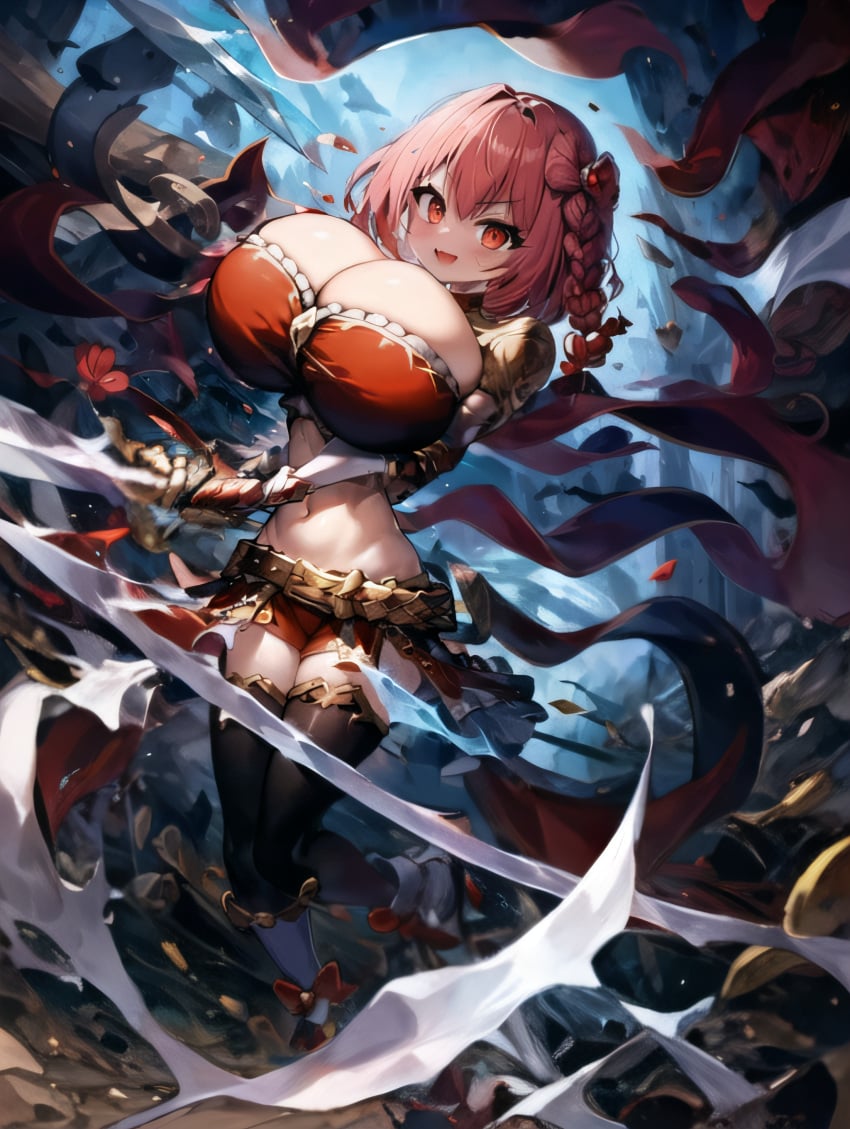 1girls adventurer_kanna ai_generated arm_up bikini_armor blush bow braid breasts_bigger_than_head dagger forest gloves hi_res huge_breasts medium_hair pink_eyes pink_hair ribbon ruins running sheath shoulder_pads skirt slashing smile smug sword the_battle_cats thighs thin torn_skirt