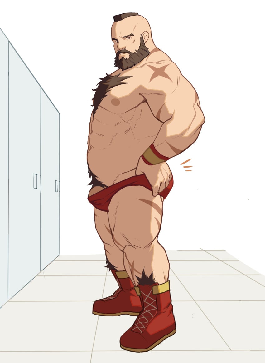 balls bara beard bulge capcom chest_hair facial_hair male male_only muscles muscular penis ryker scars scars_all_over side_view solo solo_male street_fighter underwear zangief