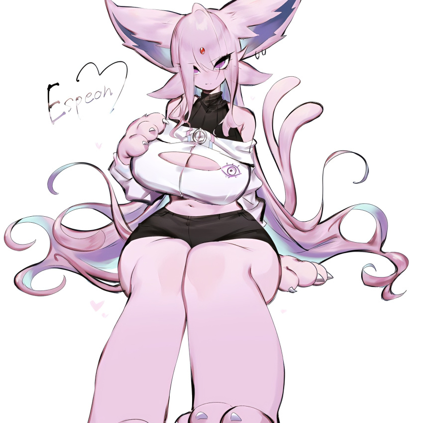 2023 2023s animal_ears anthro belly_button black_shorts breasts claws cleavage cleavage_cutout creatures_(company) cropped_sweater earrings eeveelution espeon female forehead_gem forehead_jewel furry furry_female game_freak generation_2_pokemon hand_on_own_face hi_res huge_breasts jacket jewelry large_breasts long_ears looking_at_viewer midriff multicolored_hair navel nintendo pink_hair pokemon pokemon_(species) pokemon_gsc purple_body purple_eyes purple_fur purple_hair purple_inner_ear red_forehead_gem red_forehead_jewel shorts simple_background split_tail tagme tail thick_thighs thigh_highs thighs toge77789 togetoge very_long_hair white_background white_claws white_jacket wide_hips