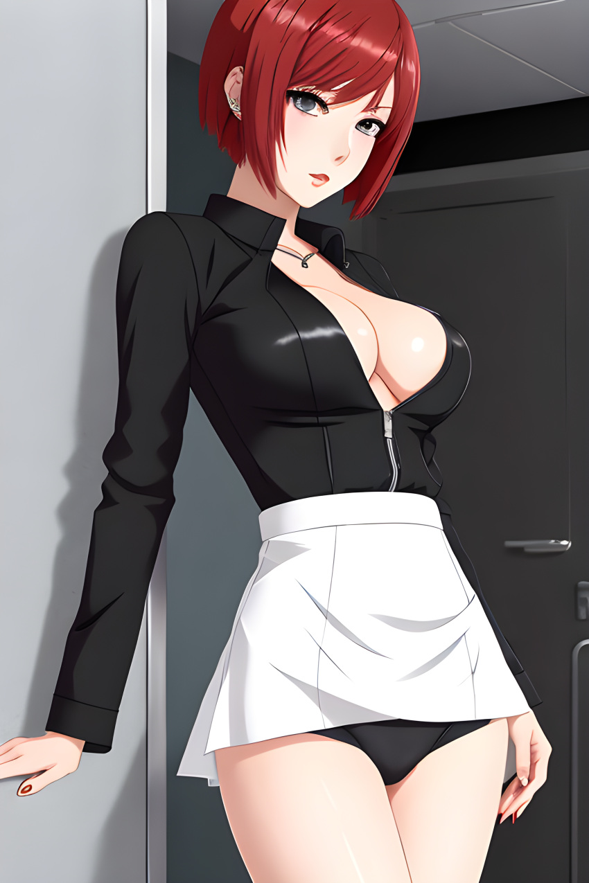 ai_generated big_breasts bob_cut cleavage ginger lascivious office_lady red_hair secretary short_hair short_skirt young