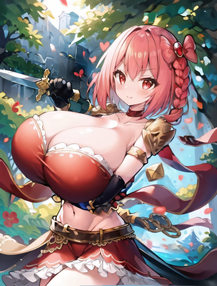 1girls adventurer_kanna ai_generated arm_under_breasts arm_up bikini_armor blush bow braid breasts_bigger_than_head dagger forest gloves hi_res huge_breasts medium_hair pink_eyes pink_hair ribbon ruins sheath shoulder_pads skirt smile smug sword the_battle_cats thighs thin