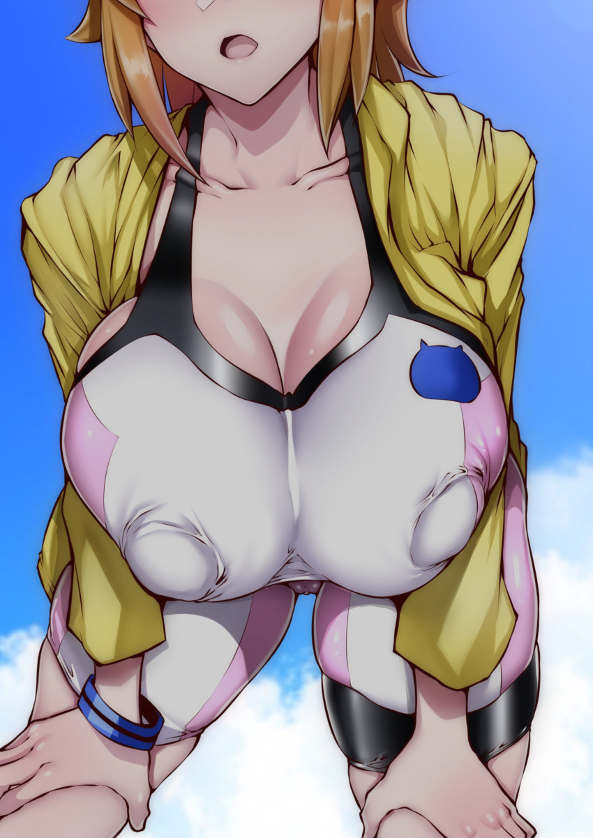 1girls bent_over bike_shorts blue_eyes breasts brown_hair cameltoe eyes_out_of_frame female gggg gundam gundam_build_fighters gundam_build_fighters_try hi_res hips hoshino_fumina huge_breasts light-skinned_female light_skin long_hair naughty_face outdoors shorts solo sports_bra standing thick_thighs thighs tight_clothing wide_hips