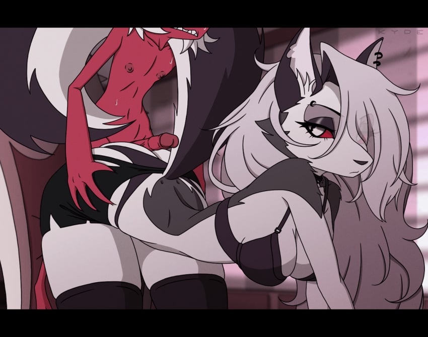 animated animation anthro assjob assjob_through_clothes bare_shoulders bouncing_breasts clothed clothed_sex furry gif hellhound helluva_boss jiggle kyde loona_(helluva_boss) male/female moxxie_(helluva_boss) see-through straight tagme uninterested