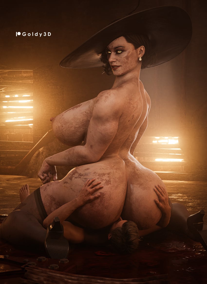 1boy 1girls 3d 3d_(artwork) absurd_res absurdres alcina_dimitrescu big_ass biohazard black_hair candlelight capcom completely_naked completely_naked_female completely_nude completely_nude_female cunnilingus dominant dominant_female ethan_winters facesitting femdom flyswatter goldy_3d hat high_heels highres huge_ass kneeling large_filesize lying_on_back mature_female milf naked naked_female nude nude_female resident_evil resident_evil_8:_village size_difference smiling smothering straight thick_thighs unseen_male_face