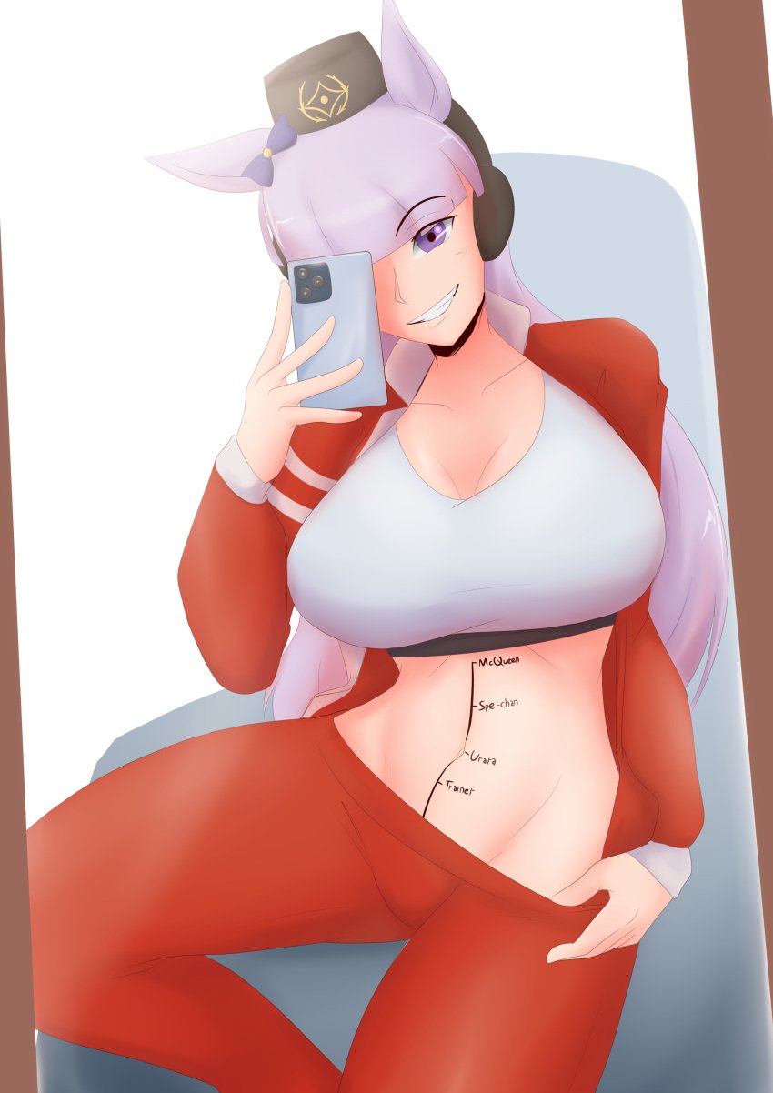 1girls belly belly_button body_writing bow bryanspoty clothed_female commission commission_art commissioner_upload gold_ship_(umamusume) hat horse_ears horse_girl large_breasts long_hair navel penetration_depth_mark purple_eyes purple_hair selfie smartphone smile tagme tracen_academy track_jacket track_suit umamusume umamusume_pretty_derby