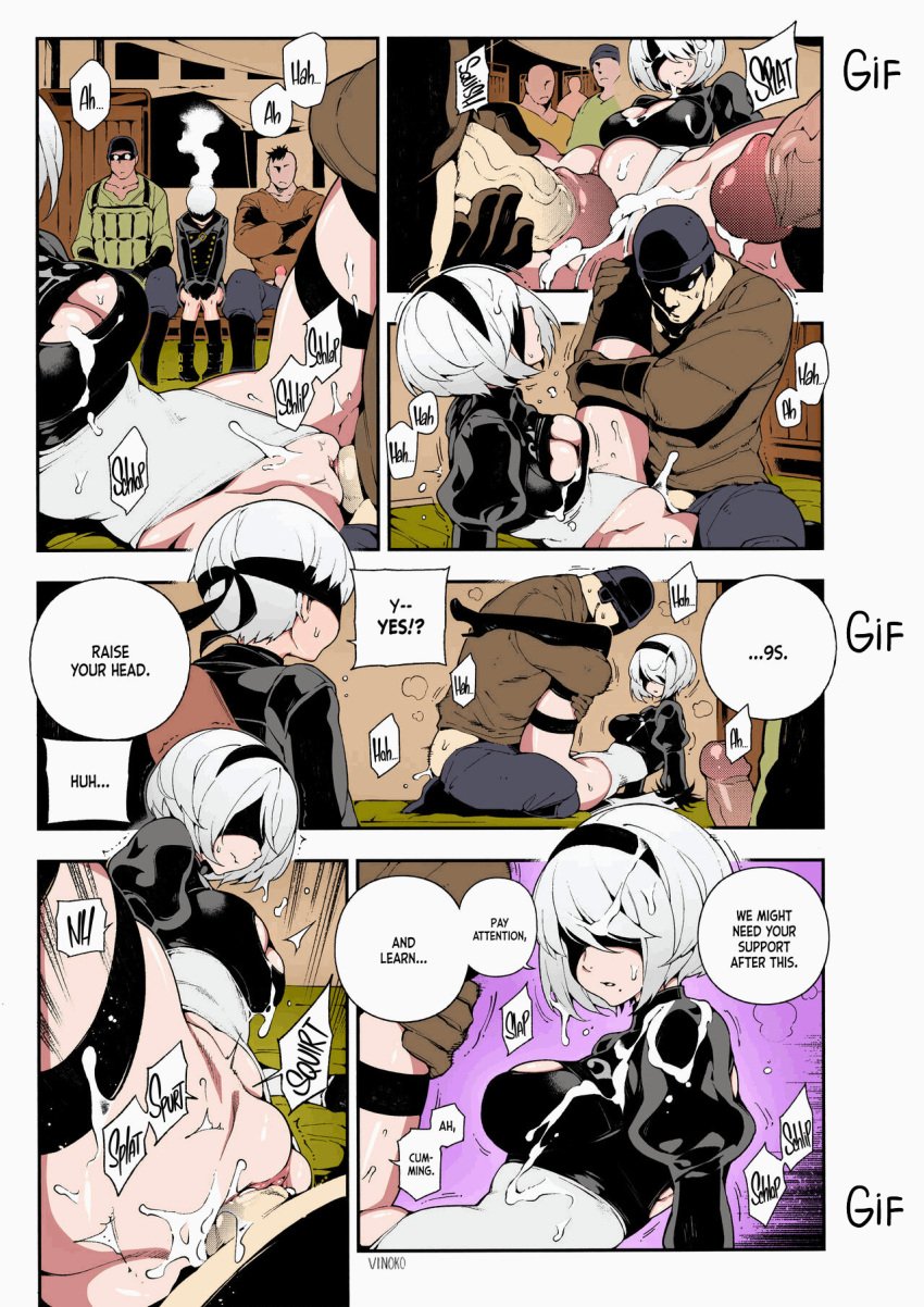 1girls 3boys animated comic cum cum_in_pussy cum_inside cum_on_breasts cum_on_face high_heel_boots high_heels hirame missionary missionary_position netorare nier:_automata prostitution resistance_member_(nier_automata) sex tagme vaginal_penetration white_hair yorha_2b yorha_9s