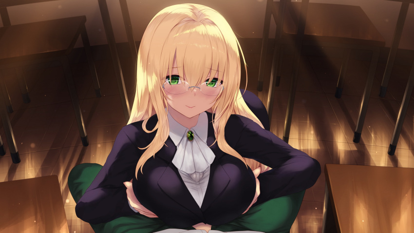 1boy ascot black_jacket blazer blonde_hair blush breasts cait_aron classroom closed_mouth commentary_request desk female glasses green_eyes hair_between_eyes highres jacket large_breasts long_hair long_sleeves paizuri paizuri_under_clothes pov pov_crotch school_desk shirt smile straight tearju_lunatique to_love-ru to_love-ru_darkness white_ascot white_shirt