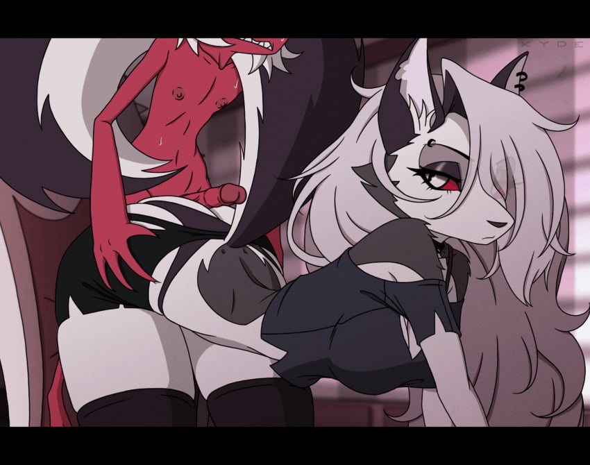 animated animation anthro assjob assjob_through_clothes bare_shoulders bouncing_breasts clothed clothed_sex furry hellhound helluva_boss jiggle kyde loona_(helluva_boss) male/female moxxie_(helluva_boss) see-through straight tagme uninterested