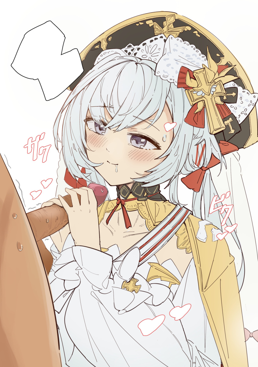 1boy 1girls after_fellatio azur_lane blush clothed_female_nude_male cum cum_in_mouth eyebrows_visible_through_hair flandre_(azur_lane) grey_eyes hands_on_penis happy hat heart light-skinned_female light-skinned_male light_skin penis satisfied smile stenerwg vichya_dominion_(azur_lane) white_hair