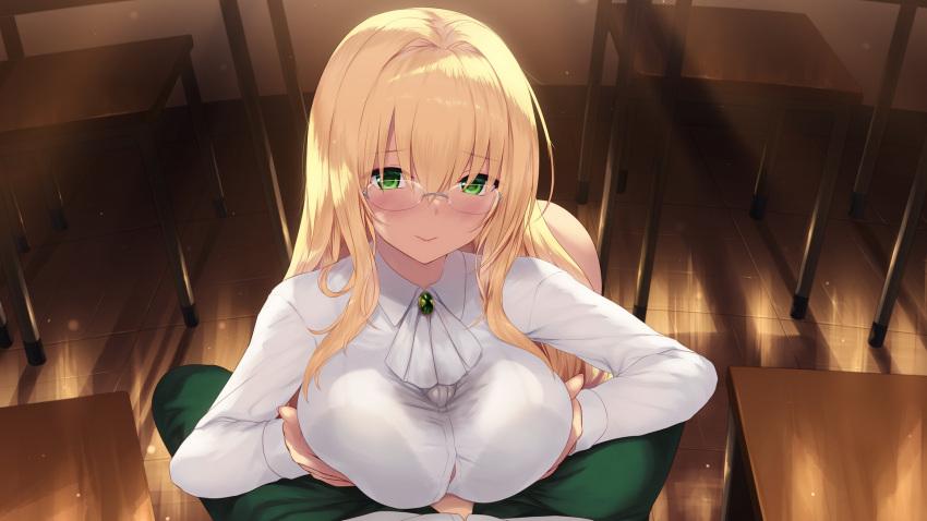 1boy ascot blonde_hair blush breasts cait_aron classroom closed_mouth commentary_request desk female glasses green_eyes hair_between_eyes highres large_breasts long_hair long_sleeves paizuri paizuri_under_clothes pov pov_crotch school_desk see-through see-through_shirt shirt smile straight tearju_lunatique to_love-ru to_love-ru_darkness white_ascot white_blouse white_shirt