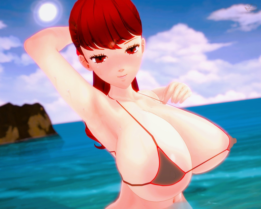 beach bikini bikini_top kasumi_yoshizawa koikatsu large_breasts looking_at_viewer persona persona_5 prinmei red_hair smiling_at_viewer