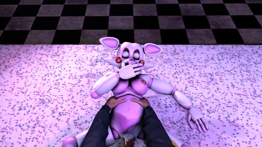 1boy 1girls animatronic blush closed_eyes cum cum_in_pussy droopy_ears eyes_closed female female_fox five_nights_at_freddy's fnaf fox hand_covering_mouth hands_on_belly hands_on_table human_on_anthro human_on_robot male mangle_(fnaf) missionary_position pink_breasts red_nipples straight table_sex white_body