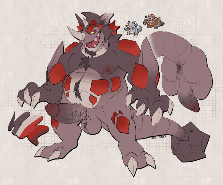 anthro anus ass balls claws digital_media_(artwork) erection fan_character fusion generation_1_pokemon generation_4_pokemon genitals hair hexkates hi_res horn hybrid male male_only mammal model_sheet nintendo nipples nude open_mouth penis pokemon pokemon_(species) pokemon_fusion rhydon rhyperior simple_background smile solo tail