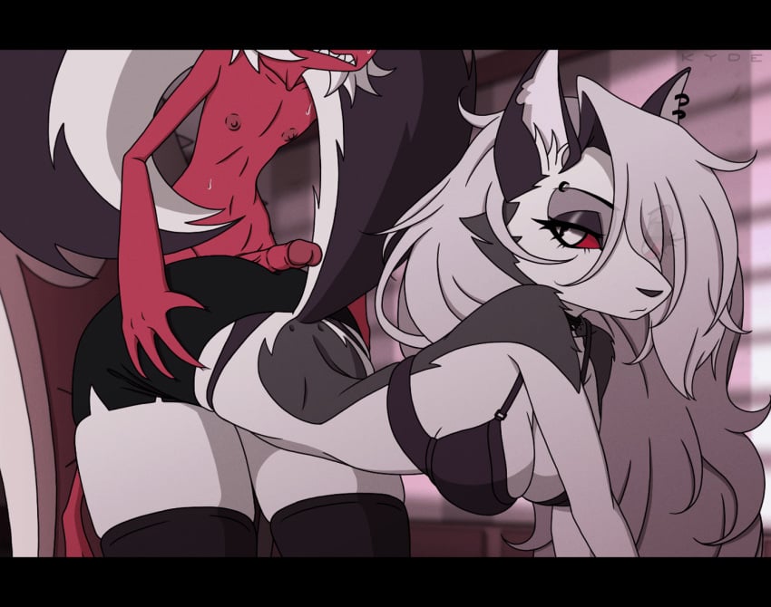 animated animation anthro assjob assjob_through_clothes bare_shoulders bouncing_breasts clothed clothed_sex furry gif hellhound helluva_boss jiggle kyde loona_(helluva_boss) male/female moxxie_(helluva_boss) see-through straight tagme uninterested