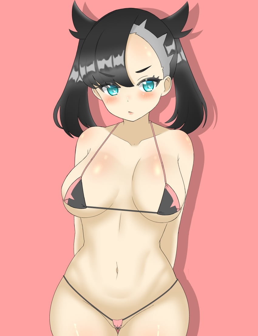 angry bikini black_hair blue_eyes blush breasts doors_drop game_freak marnie_(pokemon) micro_bikini nintendo pink_background pokemon pokemon_ss pout solo