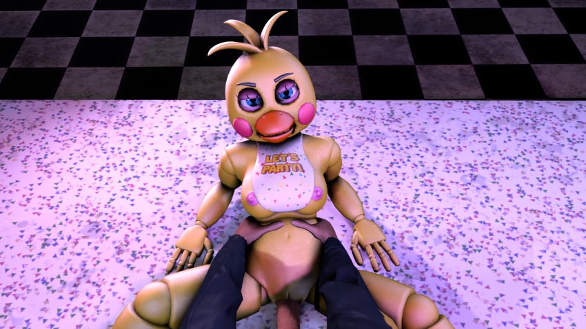 1boy 1female 1girls 1male 3d 4_fingers angry animatronic annoyed_expression avian bib breasts chicken disgusted five_nights_at_freddy's fnaf hands_on_table holding_belly human_on_anthro human_on_robot male_holding_female missionary_position pink_nipples rosy_cheeks sfm shiny_body source_filmmaker table_sex toy_chica_(fnaf) yellow_body yellow_breasts yellow_hair