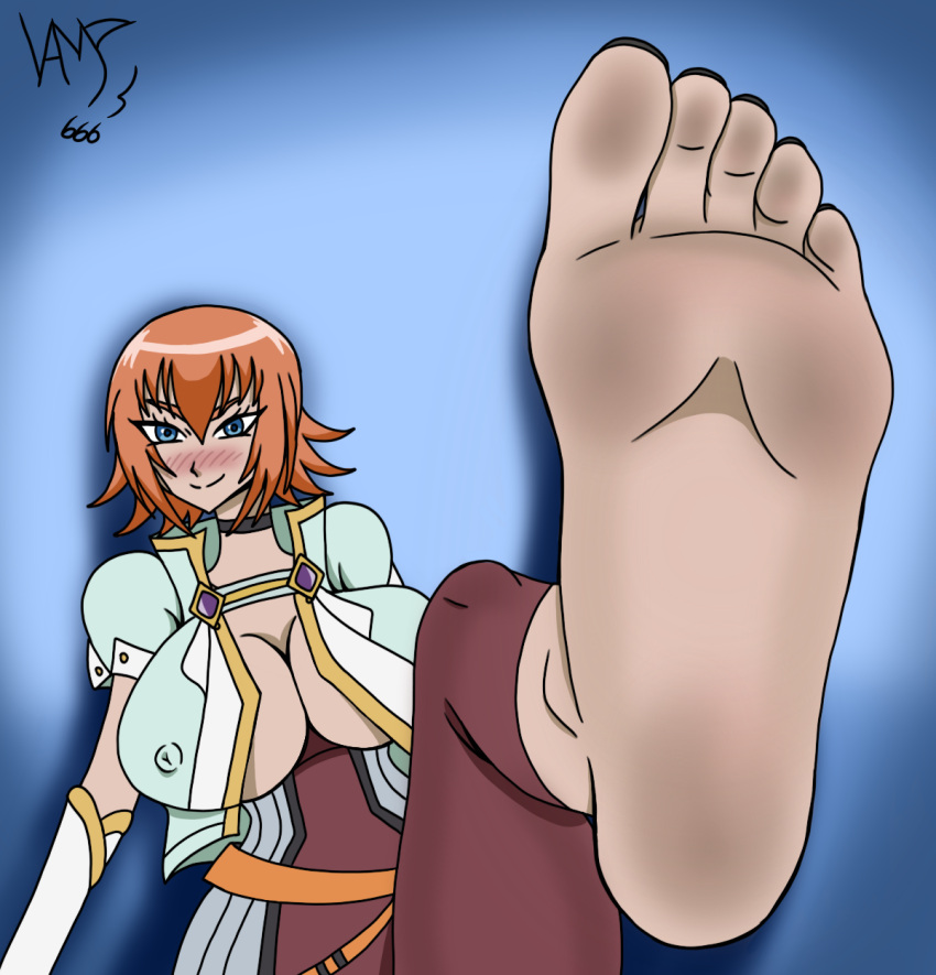 bakugan bakugan_battle_brawlers barefoot big_breasts blue_eyes dirty_feet embarrassed feet female filth filthy filthy_feet foot_fetish mira_fermin no_bra orange_hair oversized_breasts smile soles solo solo_female solo_focus toes vamp666s