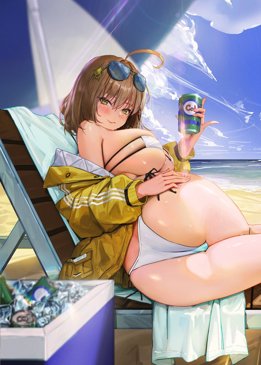 absurdres ahoge anis_(nikke) anis_(sparkling_summer)_(nikke) ass beach beach_chair bikini blue_sky blush breasts brown_eyes brown_hair cameltoe can cloud cooler day eyepatch_bikini eyewear_on_head female fieryonion goddess_of_victory:_nikke highres holding holding_can huge_breasts ice ice_cube looking_at_viewer lying on_side outdoors short_hair skindentation sky solo sunglasses swimsuit twisted_torso white_bikini