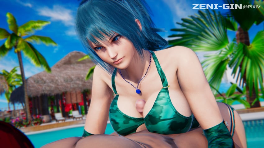 1boy 1girls 3d alternate_breast_size big_breasts blue_eyes blue_hair breasts female hands-free hands-free_paizuri ikari_warriors king_of_fighters large_breasts leona_heidern looking_at_partner male necklace paizuri paizuri_on_lap penis ponytail pool snk straight swimsuit ugoira zeni-gin