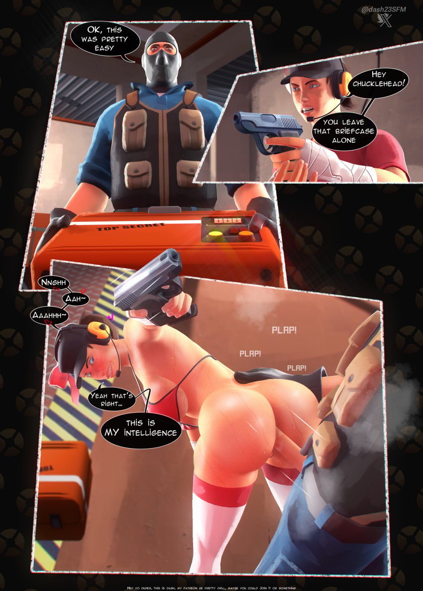 3d ass baseball_cap bra comic dash23 dialogue english_text femdom femscout gunpoint heart mercenary_(character) open_fortress pistol pointing_gun ribbon scout_(team_fortress_2) sfm source_filmmaker tagme team_fortress_2 threatening