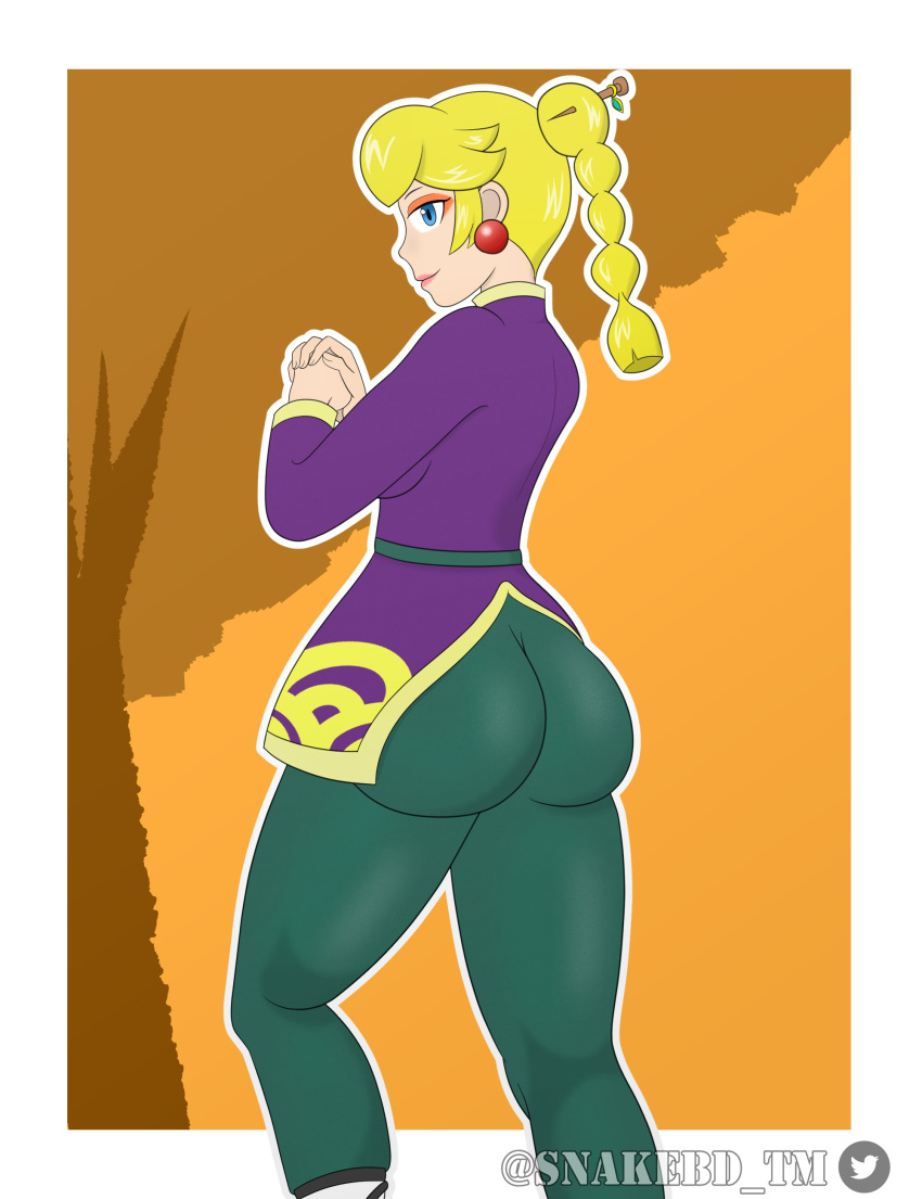 1girls ass ass_focus ass_visible_through_clothes big_ass blonde_hair blue_eyes clothing earrings eyebrows eyelashes female female_only kung-fu_peach kung_fu light-skinned_female light_skin lips looking_back mario_(series) nintendo official_alternate_costume princess_peach princess_peach:_showtime! snakebd_tm solo thick_thighs tight_clothing tight_pants